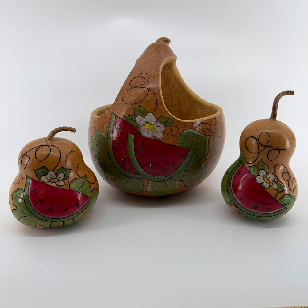 Vintage 1993 Signed HNS Hand Painted Gourd Basket and Decor Set Watermelon Motif